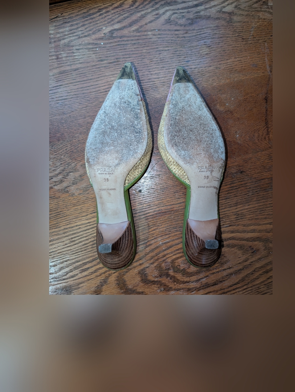 Prada Pink Leather & Natural Raffia Pointed Toe Mules with Green Trim - Picture 3 of 4